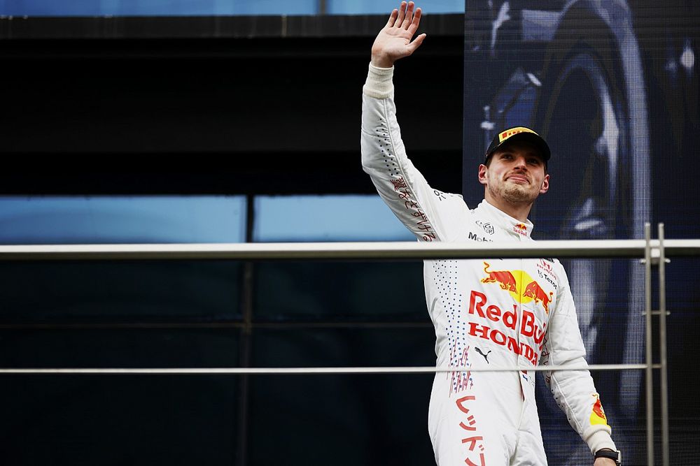 Max Verstappen, Red Bull Racing, 2nd position, arrives on the podium