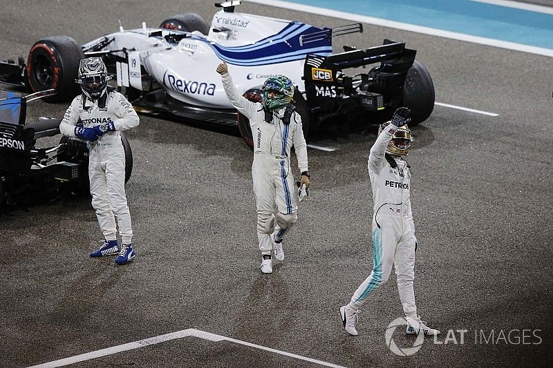 Valtteri Bottas, Mercedes AMG F1, Lewis Hamilton, Mercedes AMG F1 and Felipe Massa, Williams celebra