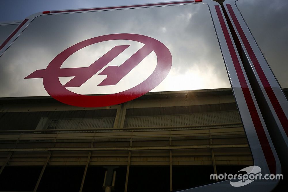 A Haas logo on the team's hospitality area