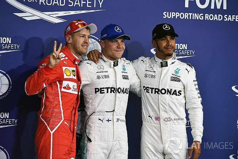 Polesitter Valtteri Bottas, Mercedes AMG F1, tweede plaats Lewis Hamilton, Mercedes AMG F1, derde pl