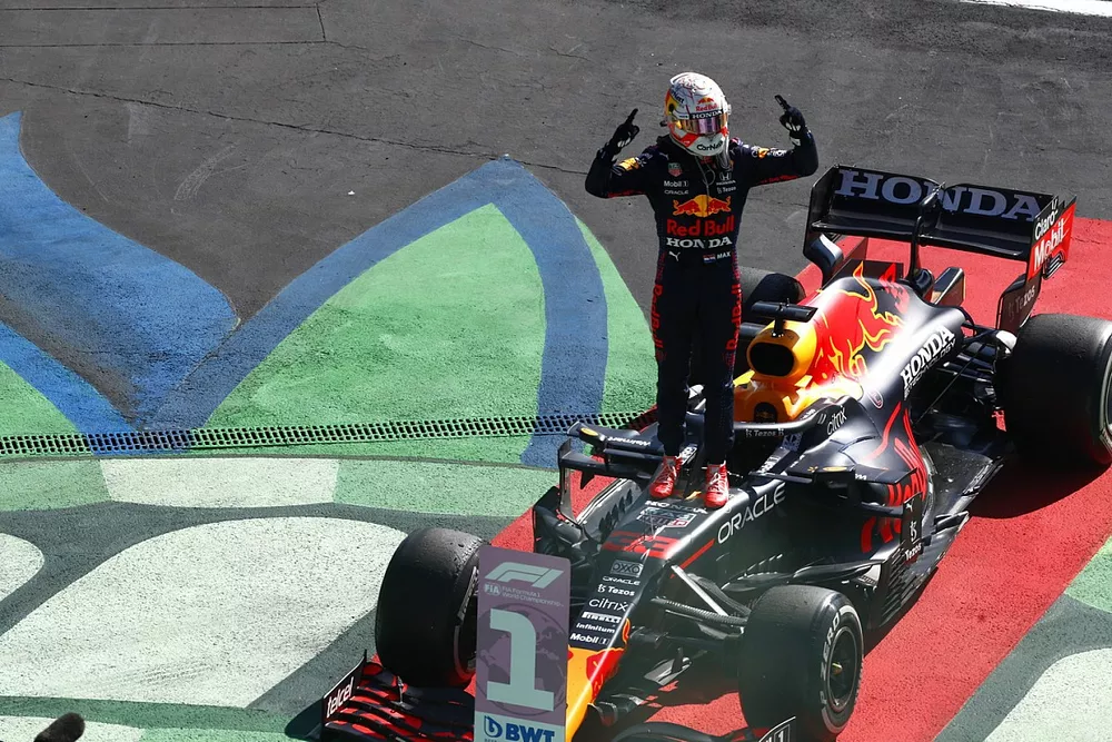 Max Verstappen, Red Bull Racing, 1st position, celebrates in Parc Ferme