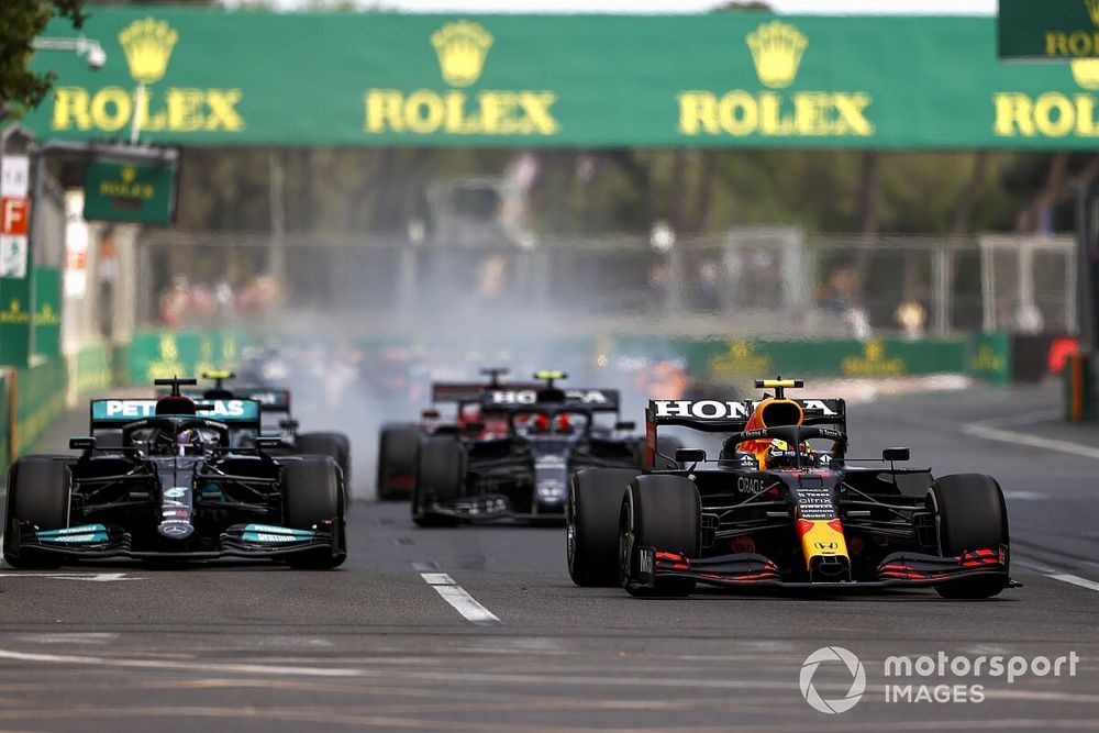 Sergio Perez, Red Bull Racing RB16B, Lewis Hamilton, Mercedes W12, and Pierre Gasly, AlphaTauri AT02