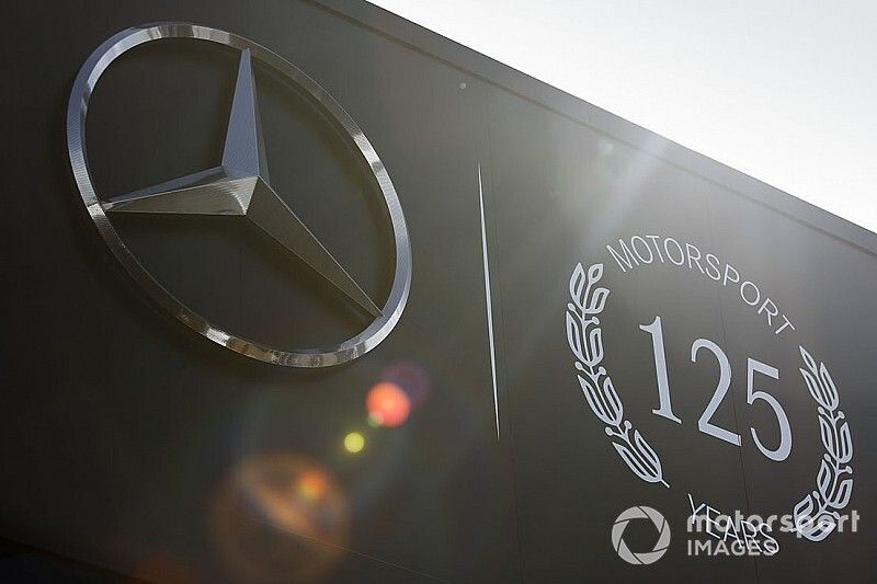 Mercedes AMG F1 125 years in motorsport logo on their motorhome