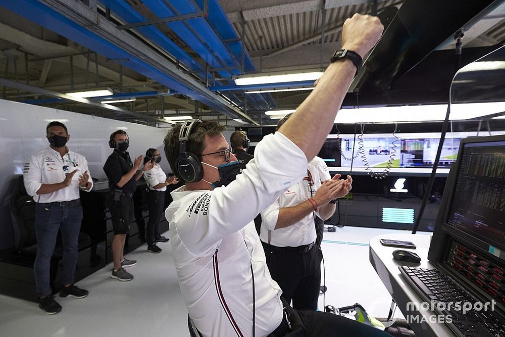 Toto Wolff, Executive Director (Business), Mercedes AMG, celebrates in the garage as Mercedes secure a front row lock out