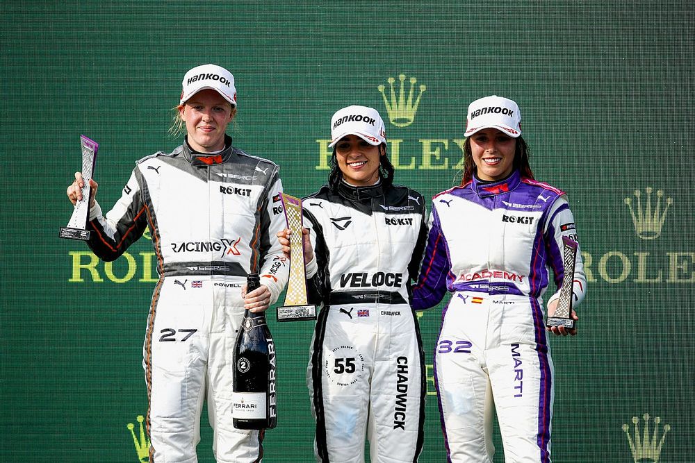 Alice Powell, Race Winner Jamie Chadwick and Nerea Marti celebrate on the podium