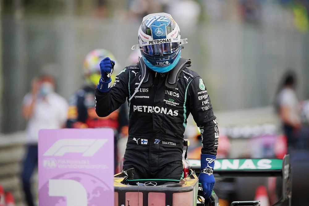 Pole man Valtteri Bottas, Mercedes, celebrates in Parc Ferme