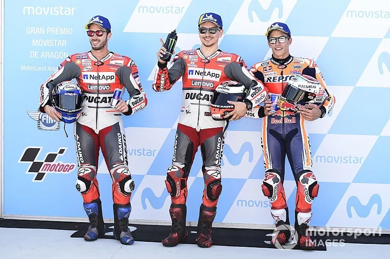 Les hommes de la premi&egrave;re ligne : Andrea Dovizioso, Ducati Team, Jorge Lorenzo, Ducati Team, Marc Marquez, Repsol Honda Team