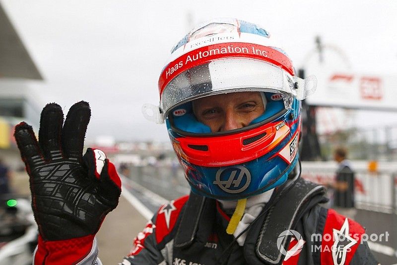 Romain Grosjean, Haas F1 Team, celebrates in parc ferme