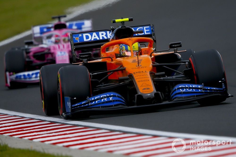 Lando Norris, McLaren MCL35, leads Sergio Perez, Racing Point RP20