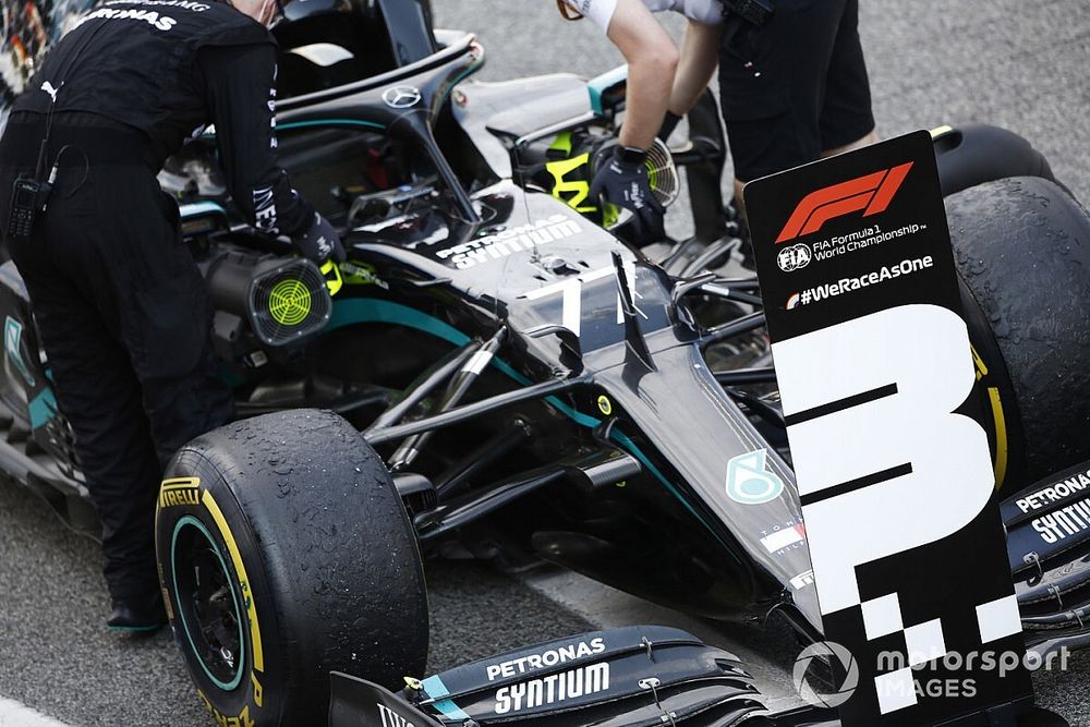 The car of Valtteri Bottas, Mercedes F1 W11 EQ Performance, 3rd position, in Parc Ferme