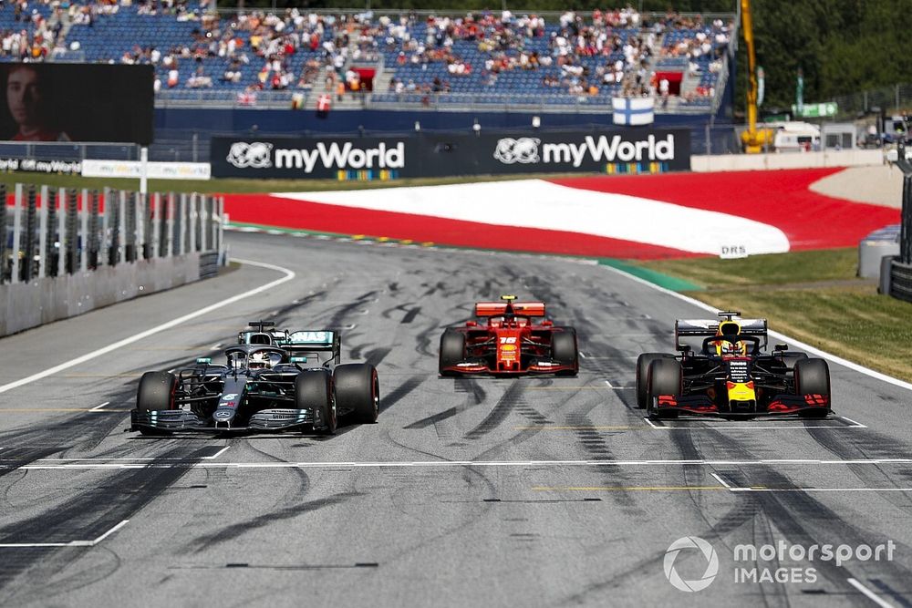 Lewis Hamilton, Mercedes AMG F1 W10, Pole Sitter Charles Leclerc, Ferrari SF90 and Max Verstappen, Red Bull Racing RB15 driving into Parc Ferme