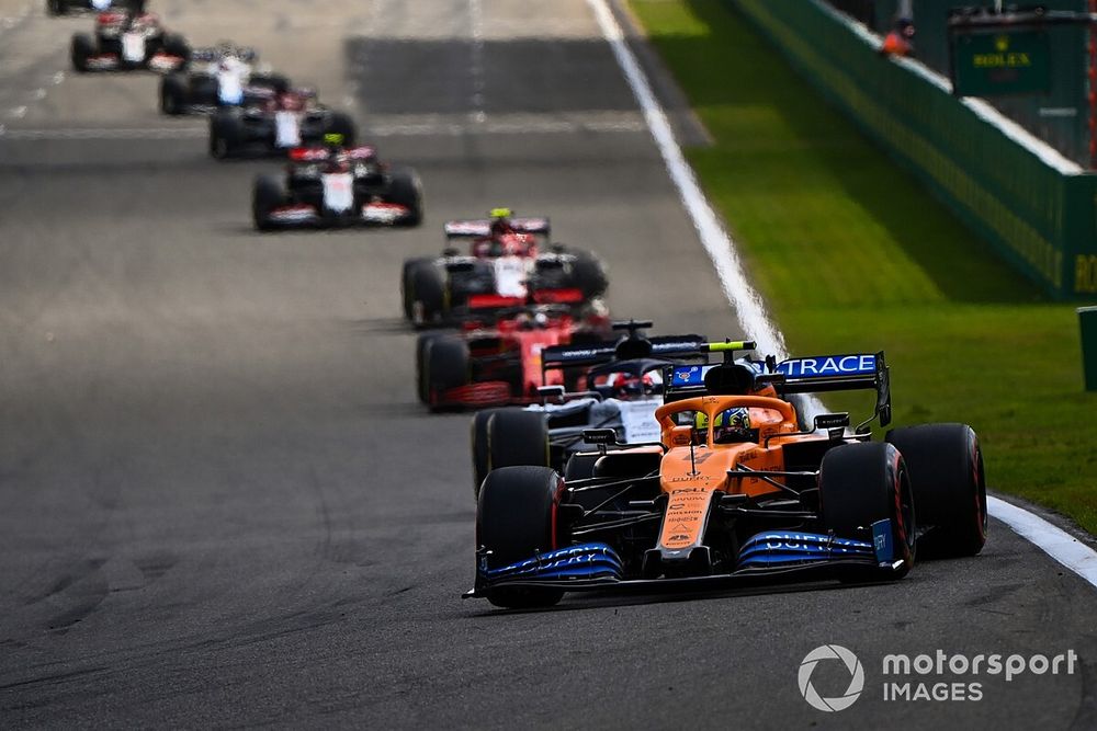 Lando Norris, McLaren MCL35, Daniil Kvyat, AlphaTauri AT01, Sebastian Vettel, Ferrari SF1000, and Antonio Giovinazzi, Alfa Romeo Racing C39