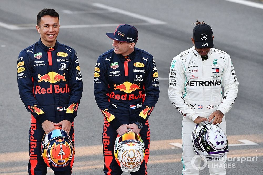 Alexander Albon, Red Bull Racing, Max Verstappen, Red Bull Racing and Lewis Hamilton, Mercedes-AMG Petronas F1 