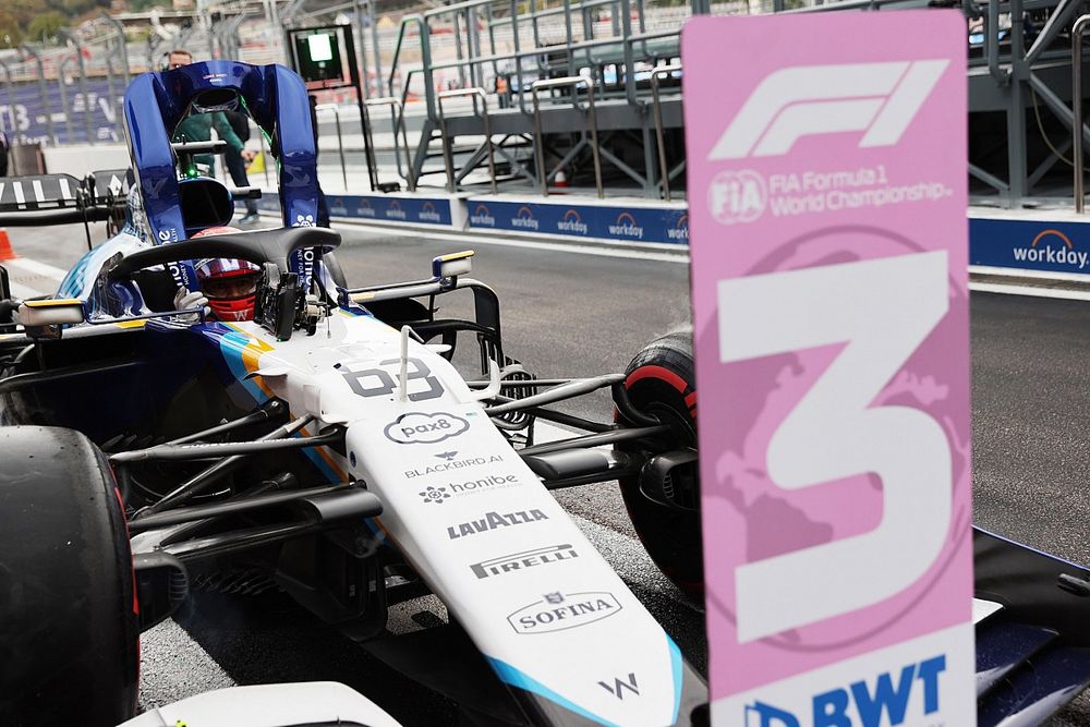 George Russell, Williams FW43B, arrives in Parc Ferme