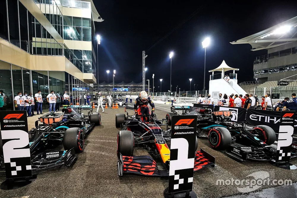 Max Verstappen, Red Bull Racing, arrives in Parc Ferme after securing pole