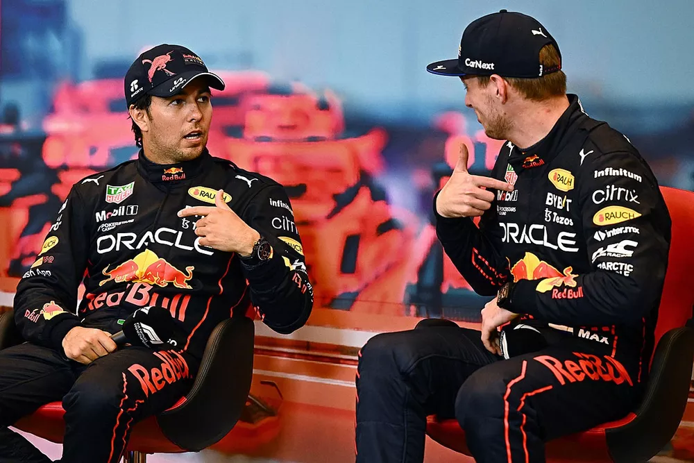 Race winner Sergio Perez, Red Bull Racing and third place Max Verstappen, Red Bull Racing