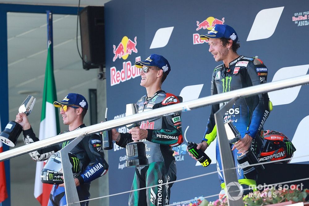 Podium  : le vainqueur Fabio Quartararo, Petronas Yamaha SRT, deuxième place Maverick Vinales, Yamaha Factory Racing, troisième place Valentino Rossi, Yamaha Factory Racing