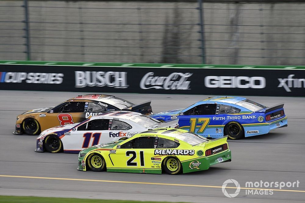 Tyler Reddick, Richard Childress Racing, Chevrolet Camaro Caterpillar, Denny Hamlin, Joe Gibbs Racing, Toyota Camry FedEx Freight and Chris Buescher, Roush Fenway Racing, Ford Mustang Fifth Third Bank and Matt DiBenedetto, Wood Brothers Racing, Ford Musta