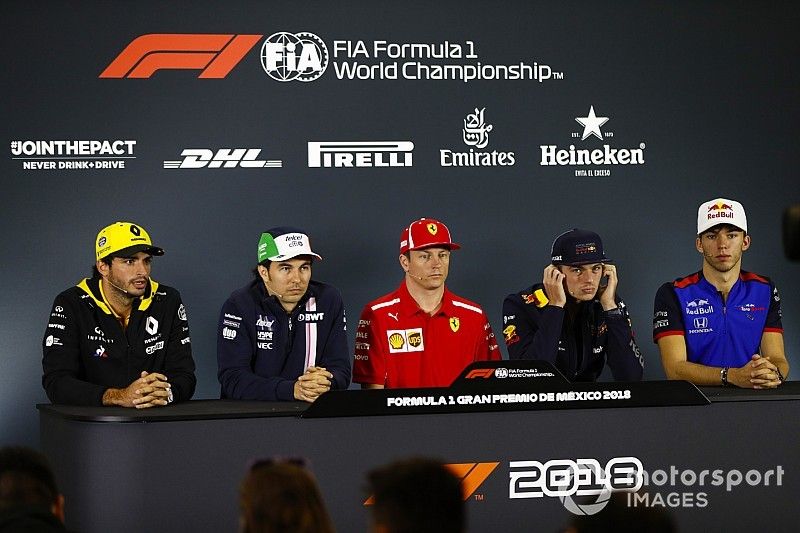 Carlos Sainz Jr., Renault Sport F1 Team, Sergio Perez, Force India, Kimi Raikkonen, Ferrari, Max Verstappen, Red Bull Racing, and Pierre Gasly, Toro Rosso, in the Thursday press conference, in the Thursday press conference.