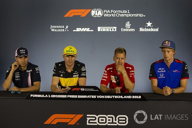 Sergio Perez, Force India, Nico Hulkenberg, Renault Sport F1 Team, Sebastian Vettel, Ferrari and Pierre Gasly, Scuderia Toro Rosso in the Press Conference