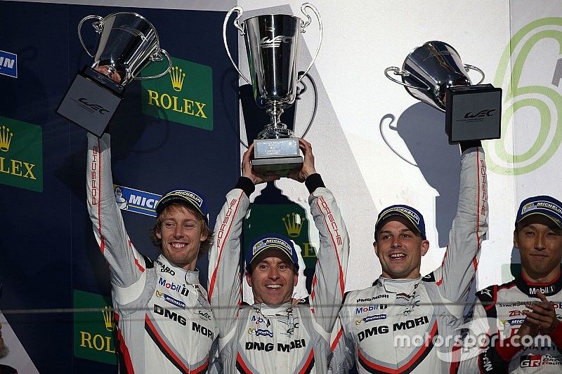 Podium: second place Timo Bernhard, Earl Bamber, Brendon Hartley, Porsche Team