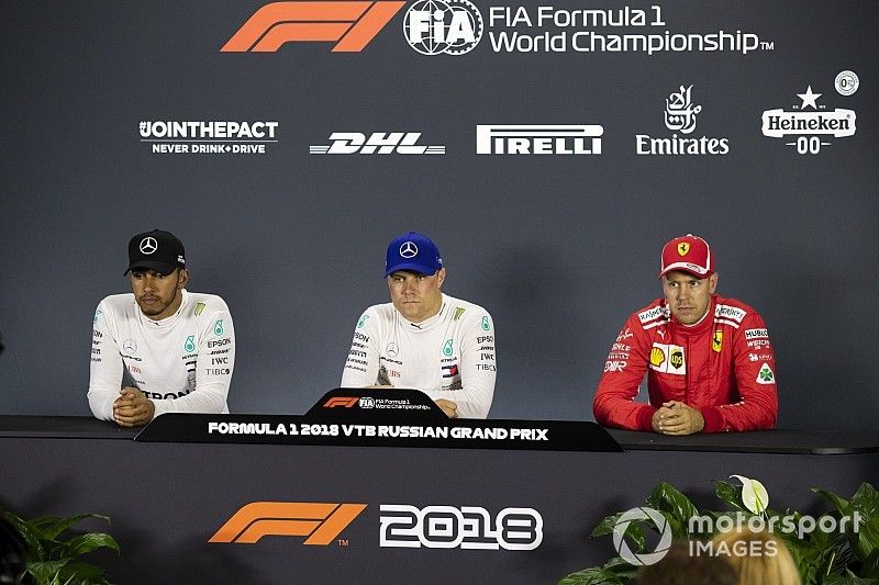 Lewis Hamilton, Mercedes AMG F1, Valtteri Bottas, Mercedes AMG F1 and Sebastian Vettel, Ferrari in press conference