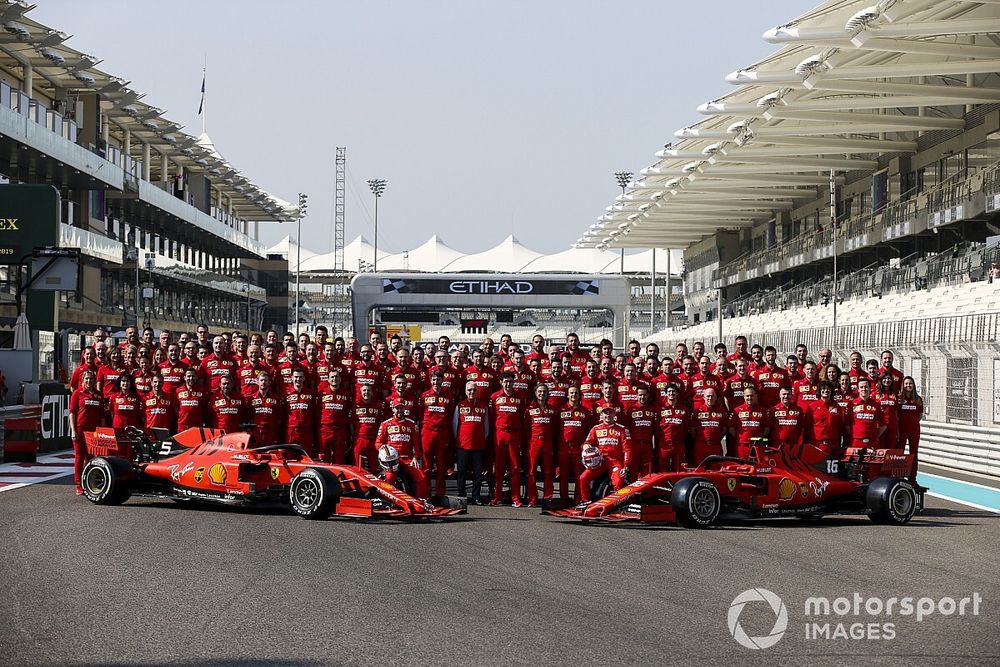 Ferrari Official Team Photo including, Sebastian Vettel, Ferrari, Charles Leclerc, Ferrari, Mattia Binotto, Team Principal Ferrari and Laurent Mekies, Sporting Director, Ferrari 