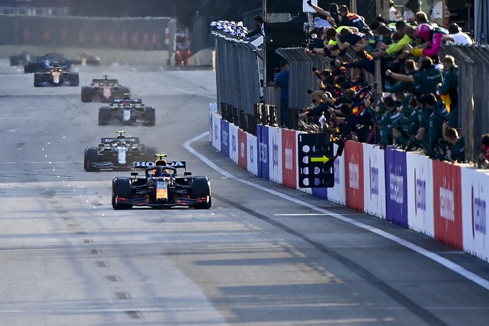 Race winner, Sergio Perez, Red Bull Racing RB16B