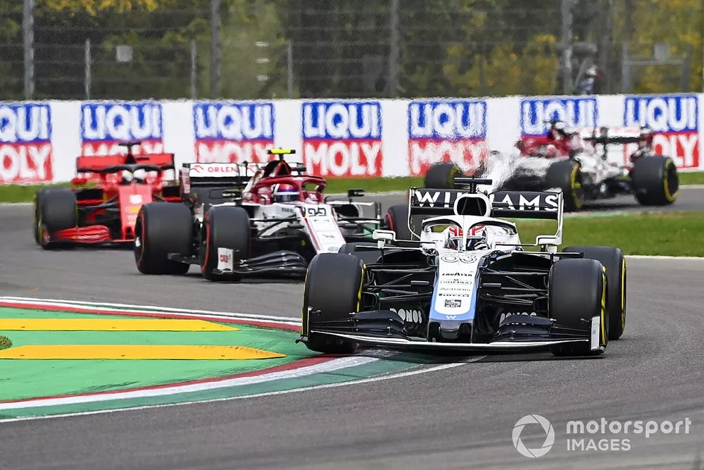 George Russell, Williams FW43, Antonio Giovinazzi, Alfa Romeo Racing C39, en Sebastian Vettel, Ferrari SF1000