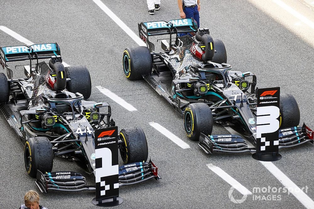 The cars of Lewis Hamilton, Mercedes F1 W11 EQ Performance, 1st position, Valtteri Bottas, Mercedes F1 W11 EQ Performance, 3rd position, in Parc Ferme