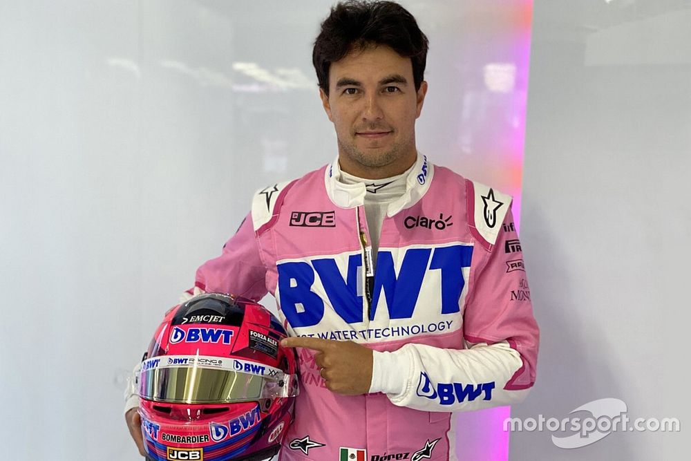 The helmet of Sergio Perez, Racing Point with a  tribute to Alex Zanardi