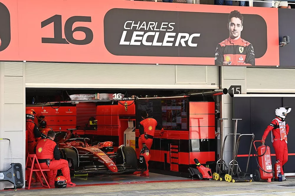The retired car of Charles Leclerc, Ferrari F1-75, in the garage