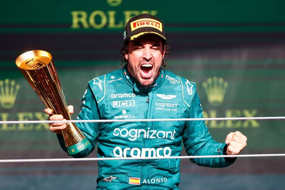 Fernando Alonso, Aston Martin F1 Team, 3rd position, celebrates on the podium