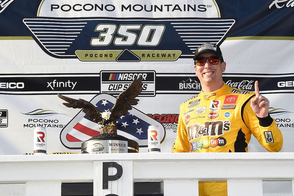 Kyle Busch, Joe Gibbs Racing, Toyota Camry M&M's Mini's, celebrates in Victory Lane.