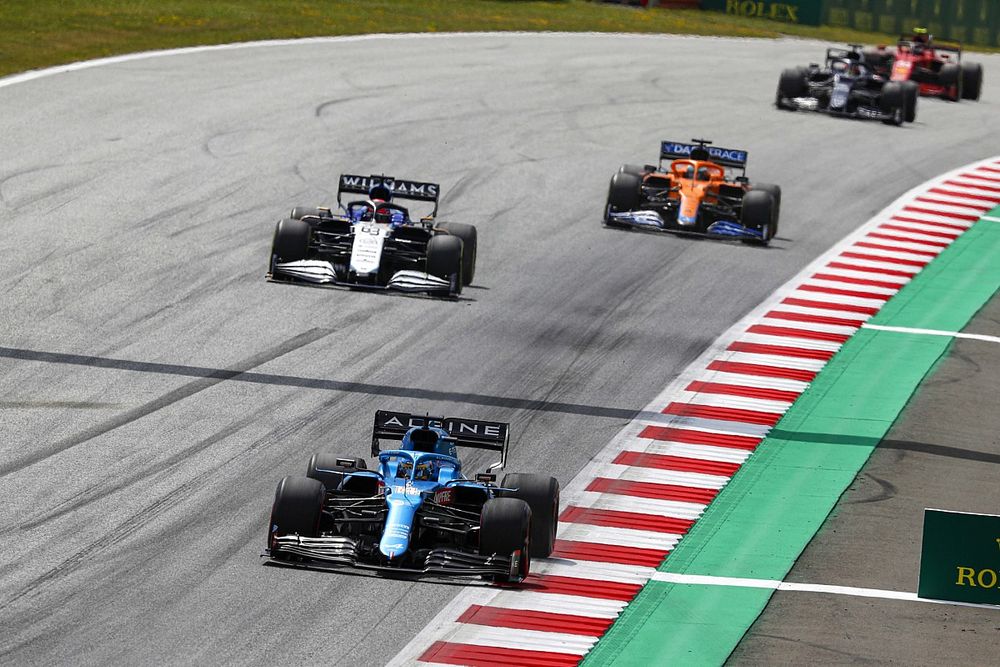 Fernando Alonso, Alpine A521, George Russell, Williams FW43B, and Daniel Ricciardo, McLaren MCL35M