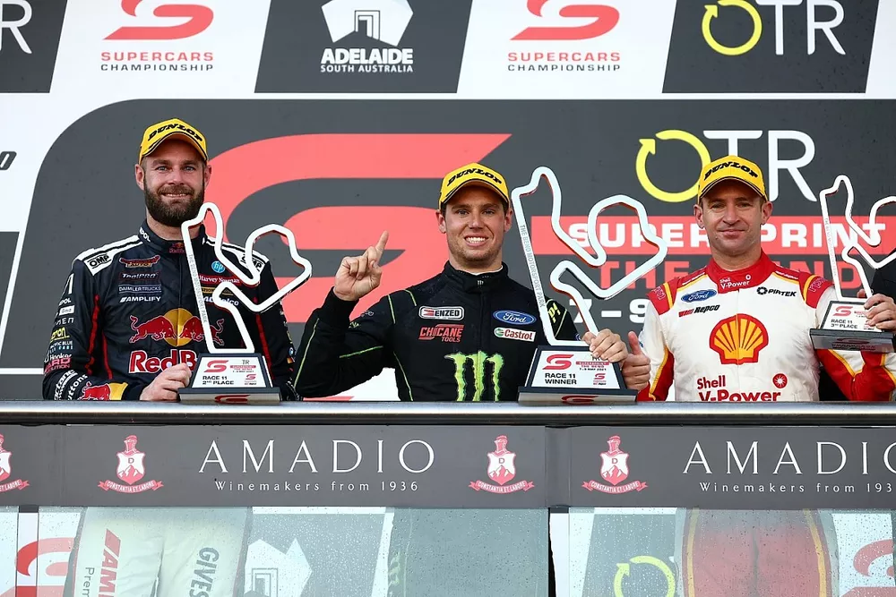 Podium: Race winner Cameron Waters, Tickford Ford, second place Shane van Gisbergen, Triple Eight Holden, third place Will Davison, Dick Johnson Racing Ford