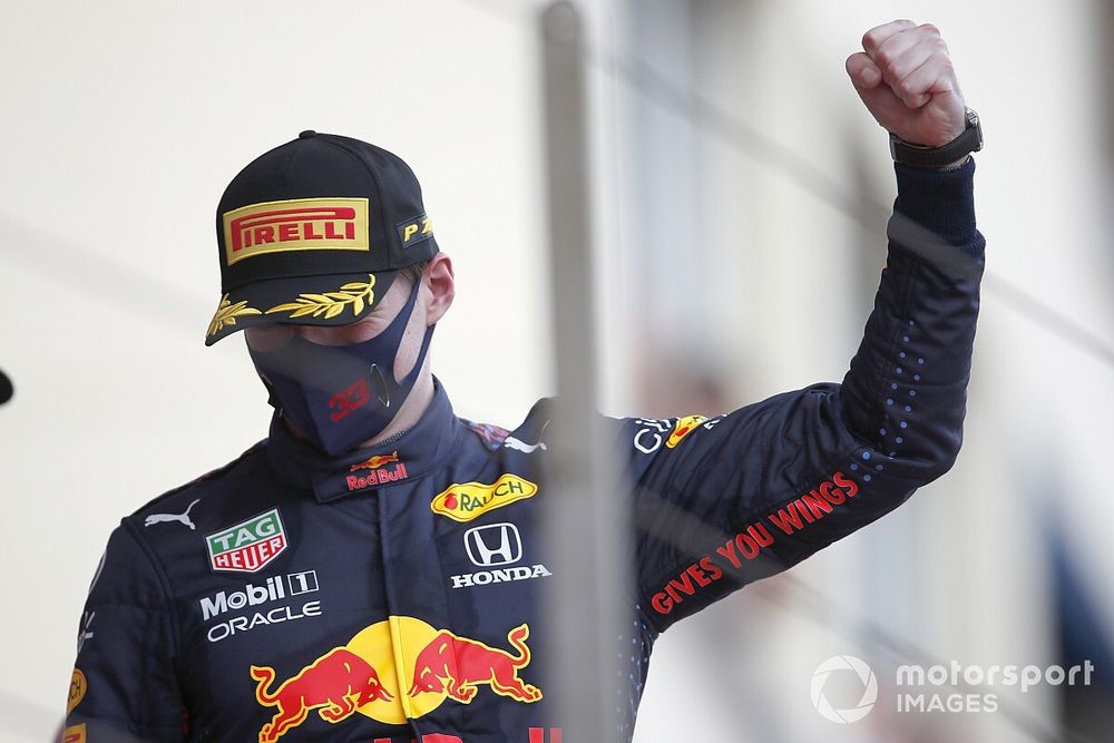 Max Verstappen, Red Bull Racing, 1st position, arrives on the podium