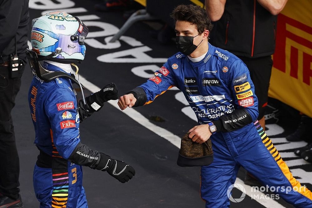 Daniel Ricciardo, McLaren, and Lando Norris, McLaren, 3rd position, congratulate each other in Parc Ferme