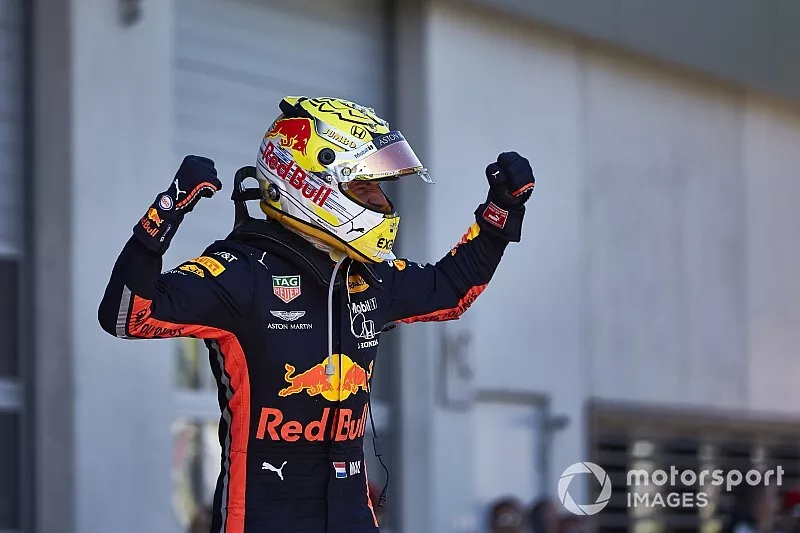 Race winner Max Verstappen, Red Bull Racing, celebrates in Parc Ferme