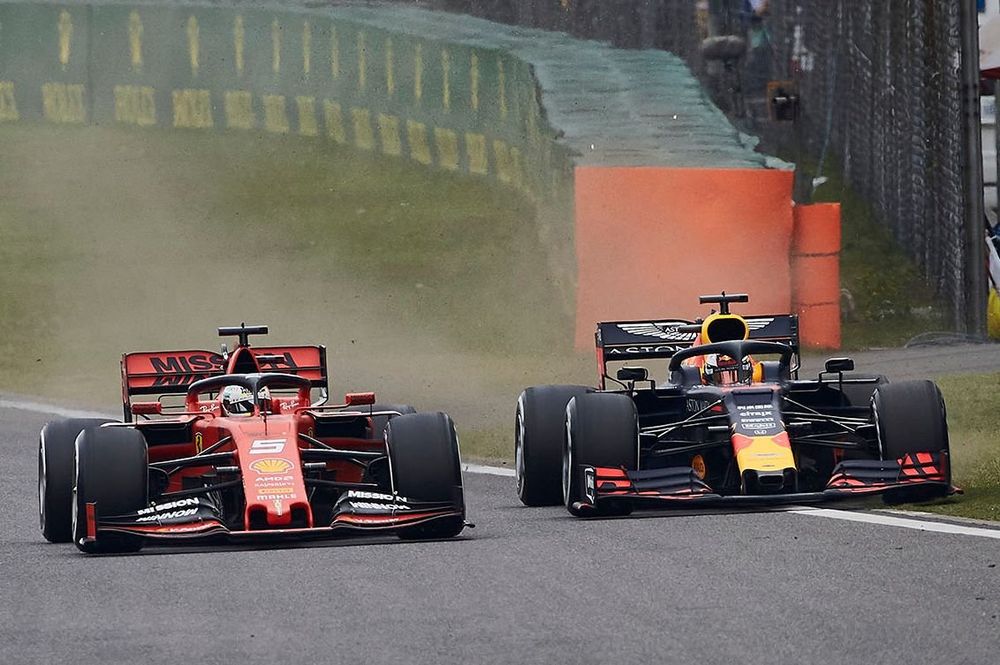 Sebastian Vettel, Ferrari SF90, lotta con Max Verstappen, Red Bull Racing RB15