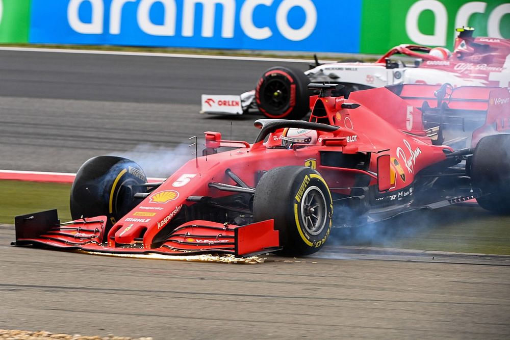 Sebastian Vettel, Ferrari SF1000, spins and scrapes his front wing