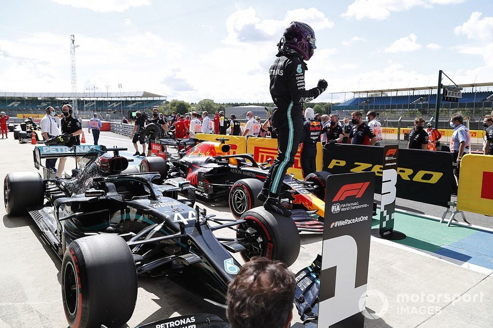 Lewis Hamilton, Mercedes-AMG F1, celebrates pole postion in parc ferme