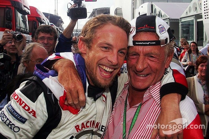 Race winner Jenson Button, Honda celebrates his win with his Father John Button