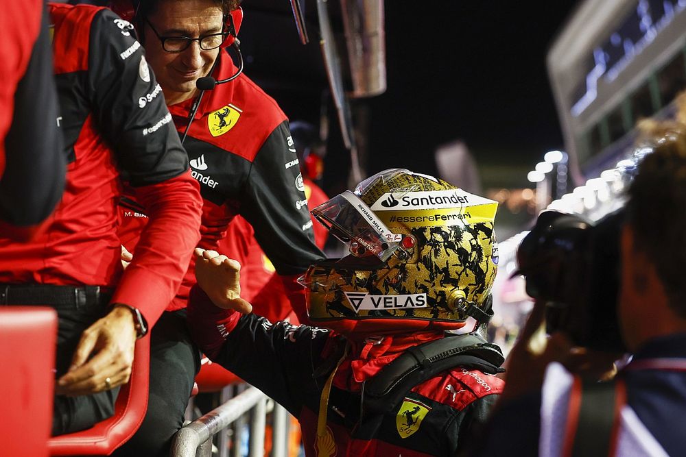 Pole man Charles Leclerc, Ferrari, celebrates in Parc Ferme