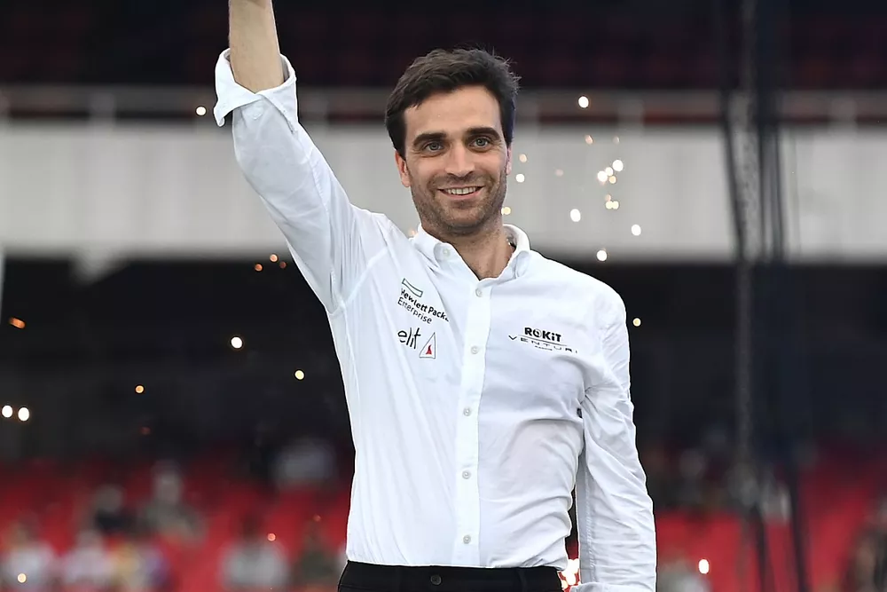 Jerome d'Ambrosio, Team Principal, ROKiT Venturi Racing, lifts the teams trophy on the podium