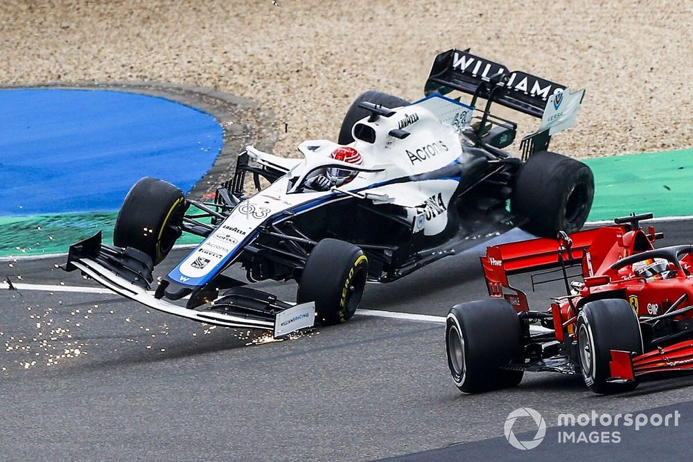 Sebastian Vettel, Ferrari SF1000 with Kimi Raikkonen, Alfa Romeo Racing C39 and George Russell, Williams FW43 crashing 