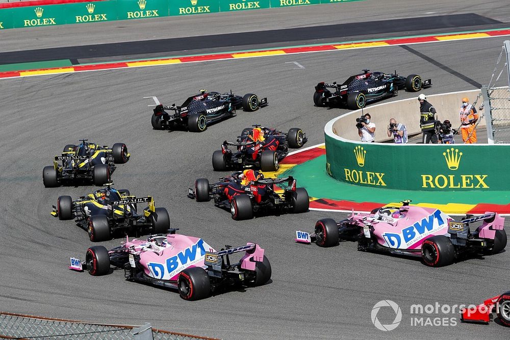 Lewis Hamilton, Mercedes F1 W11, Valtteri Bottas, Mercedes F1 W11, Max Verstappen, Red Bull Racing RB16, Daniel Ricciardo, Renault F1 Team R.S.20, Alex Albon, Red Bull Racing RB16, Esteban Ocon, Renault F1 Team R.S.20, Sergio Perez, Racing Point RP20, and Lance Stroll, Racing Point RP20, at the start