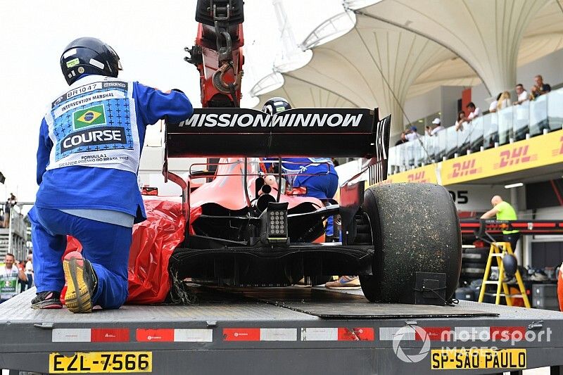 Damaged car of Sebastian Vettel, Ferrari SF90