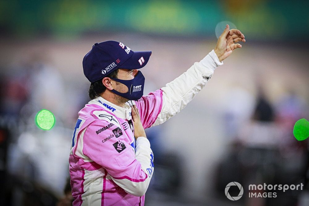 Sergio Perez, Racing Point, 1st position, celebrates in Parc Ferme