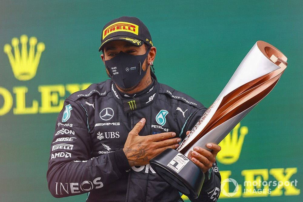 Lewis Hamilton, Mercedes-AMG F1, 1st position, with his trophy